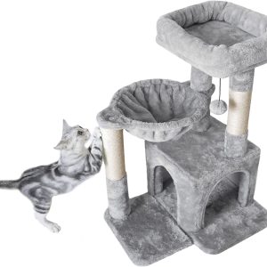 Pesofer Cat Tree, Small Cat Tower with Sisal Scratching Post and Hammock Light Gray